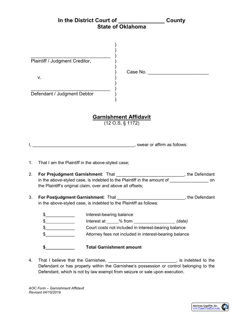 Garnishment Affidavit | Pdf Fpdf Docx | Oklahoma