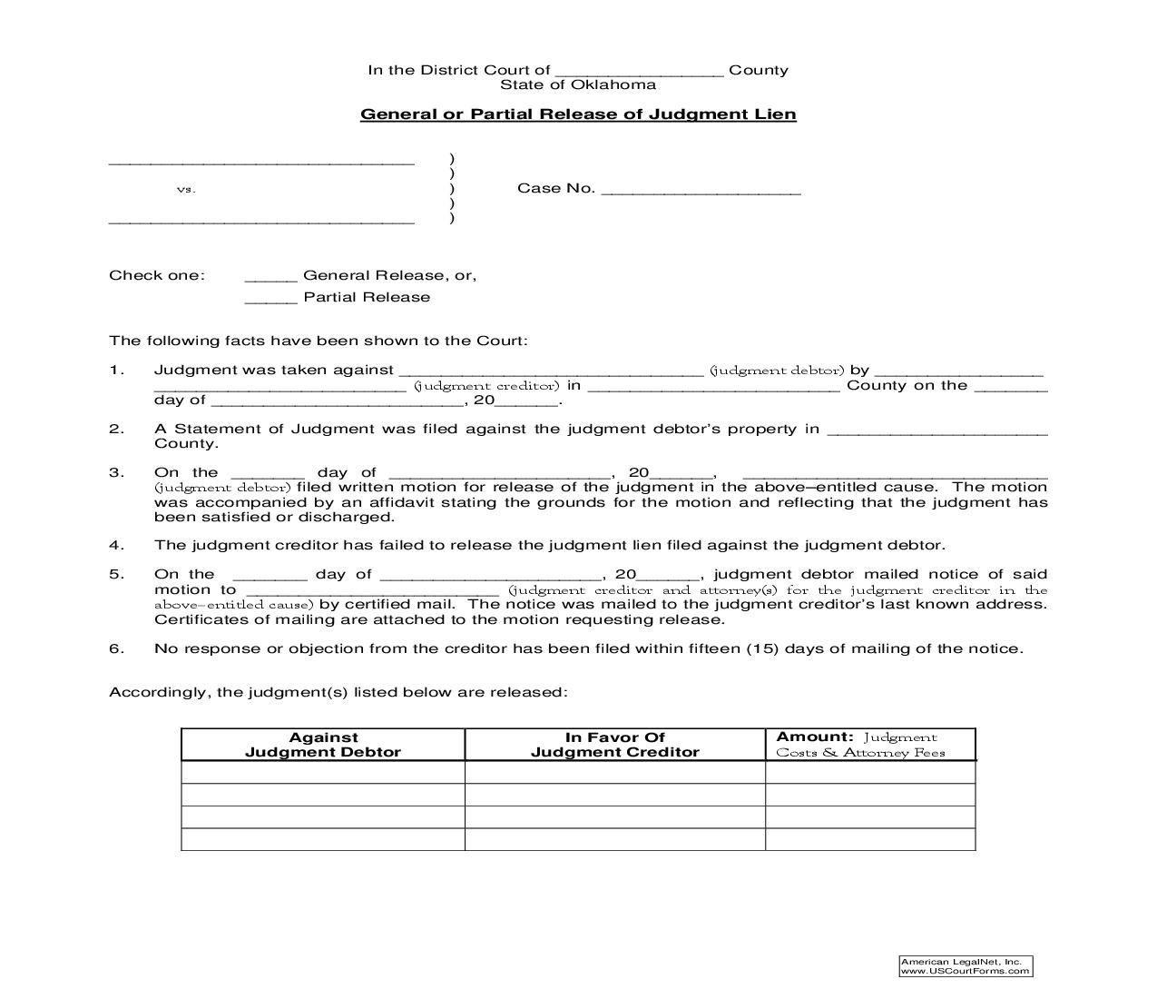 General Or Partial Release Of Judgment Lien {21A} | Pdf Fpdf Doc Docx | Oklahoma