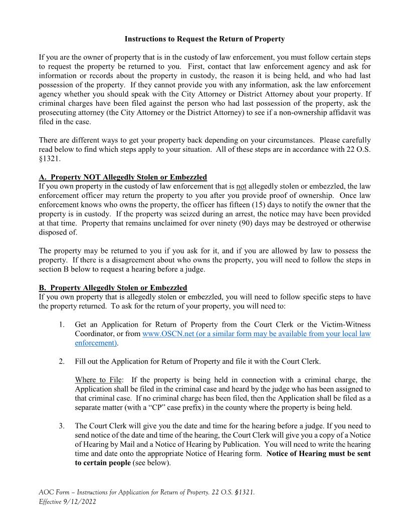 Instructions To Request The Return Of Property | Pdf Fpdf Doc Docx | Oklahoma