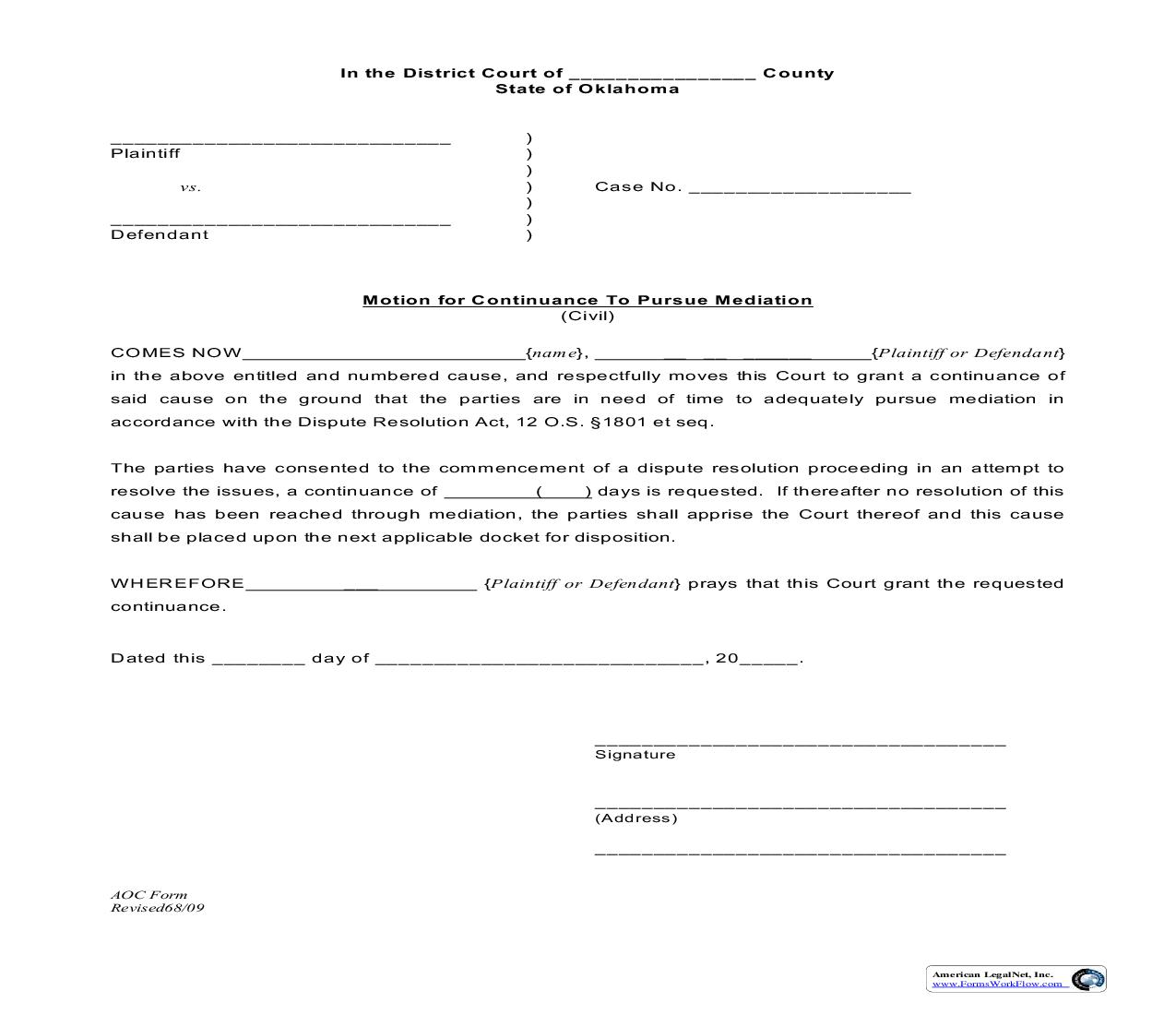 Motion For Continuance To Pursue Mediation | Pdf Fpdf Doc Docx | Oklahoma