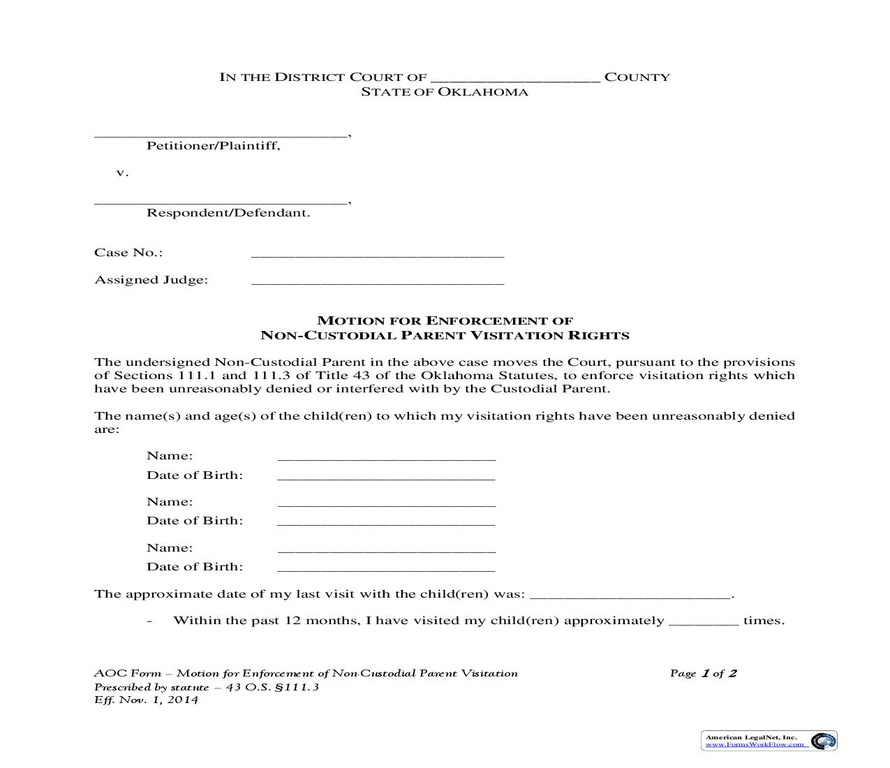 Motion For Enforcement Of Non-Custodial Parent Visitation Rights | Pdf Fpdf Doc Docx | Oklahoma
