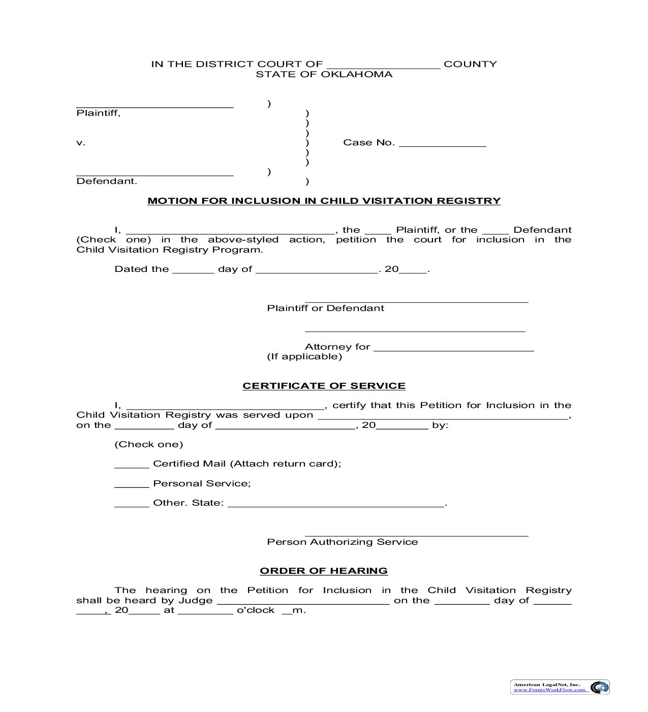 Motion For Inclusion In Child Visitation Registry {57} | Pdf Fpdf Doc Docx | Oklahoma