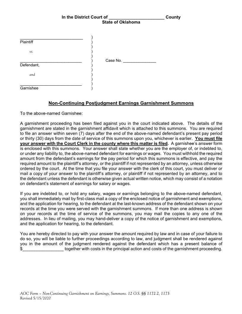 Noncontinuing Postjudgment Earnings Garnishment Summons | Pdf Fpdf Doc Docx | Oklahoma