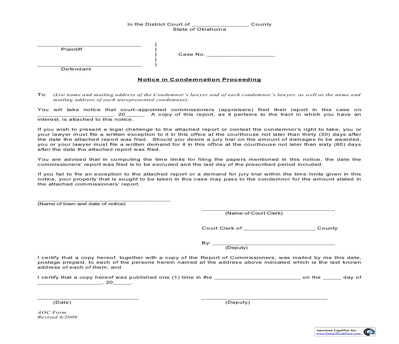 Notice In Condemnation Proceeding | Pdf Fpdf Doc Docx | Oklahoma