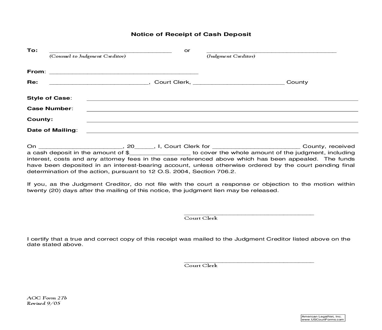 Notice Of Receipt Of Cash Deposit {27B} | Pdf Fpdf Doc Docx | Oklahoma