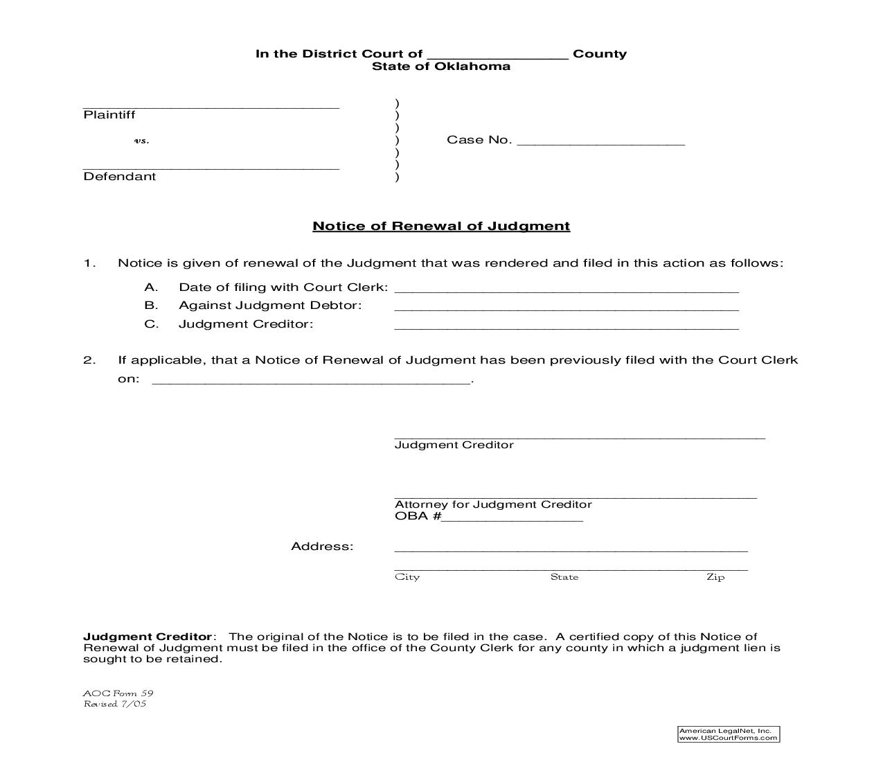 Notice Of Renewal Of Judgment {59} | Pdf Fpdf Doc Docx | Oklahoma