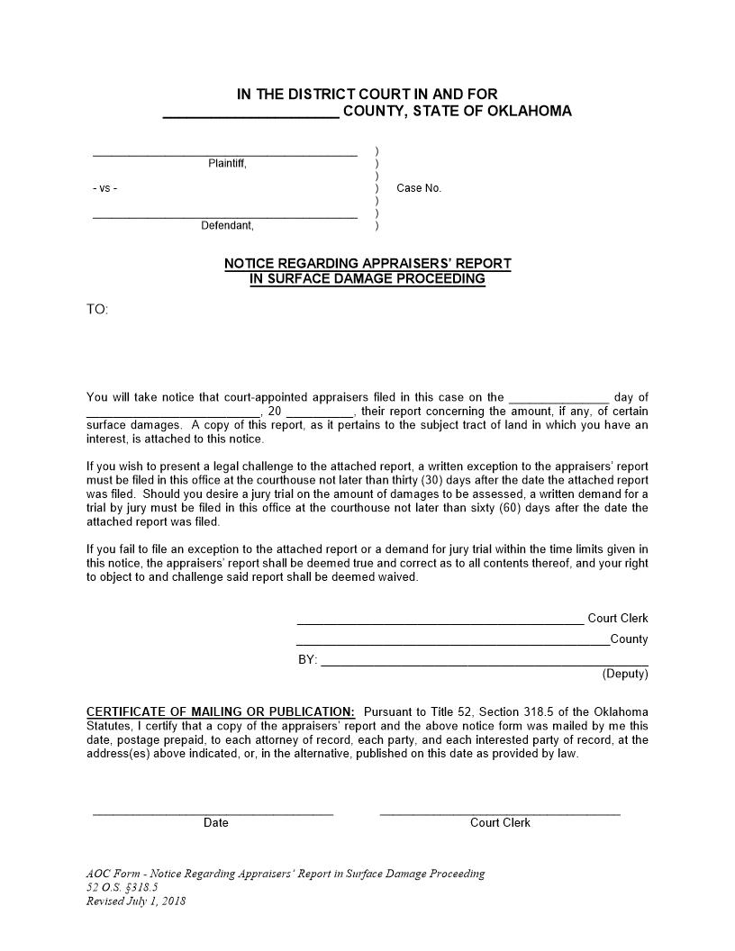 Notice Regarding Appraisers Report in Surface Damage Proceeding {80} | Pdf Fpdf Doc Docx | Oklahoma
