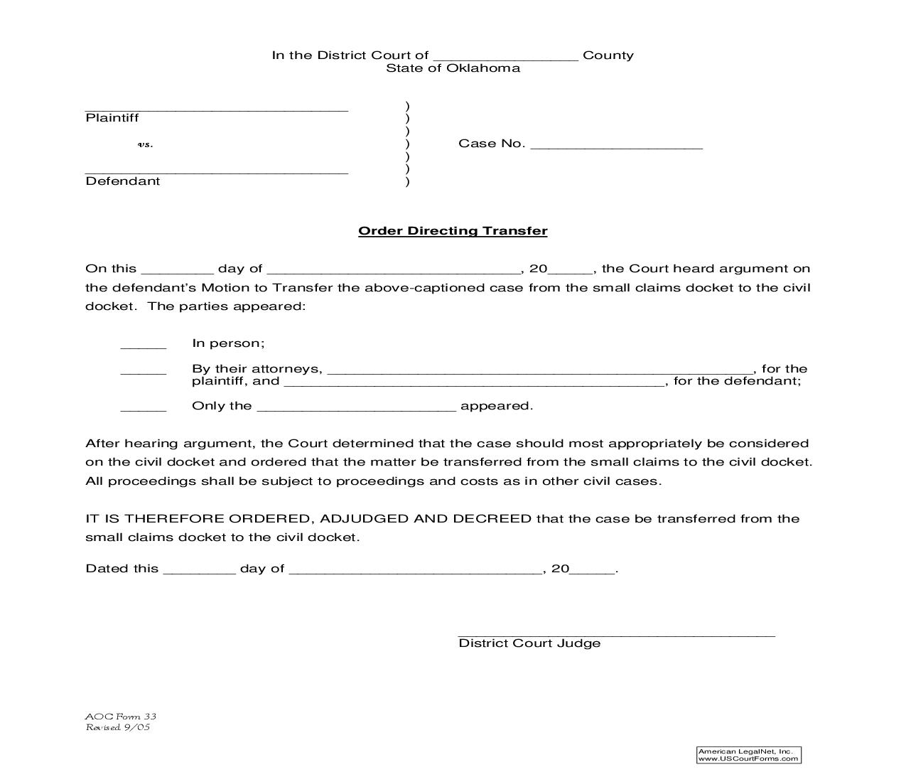 Order Directing Transfer {33} | Pdf Fpdf Doc Docx | Oklahoma