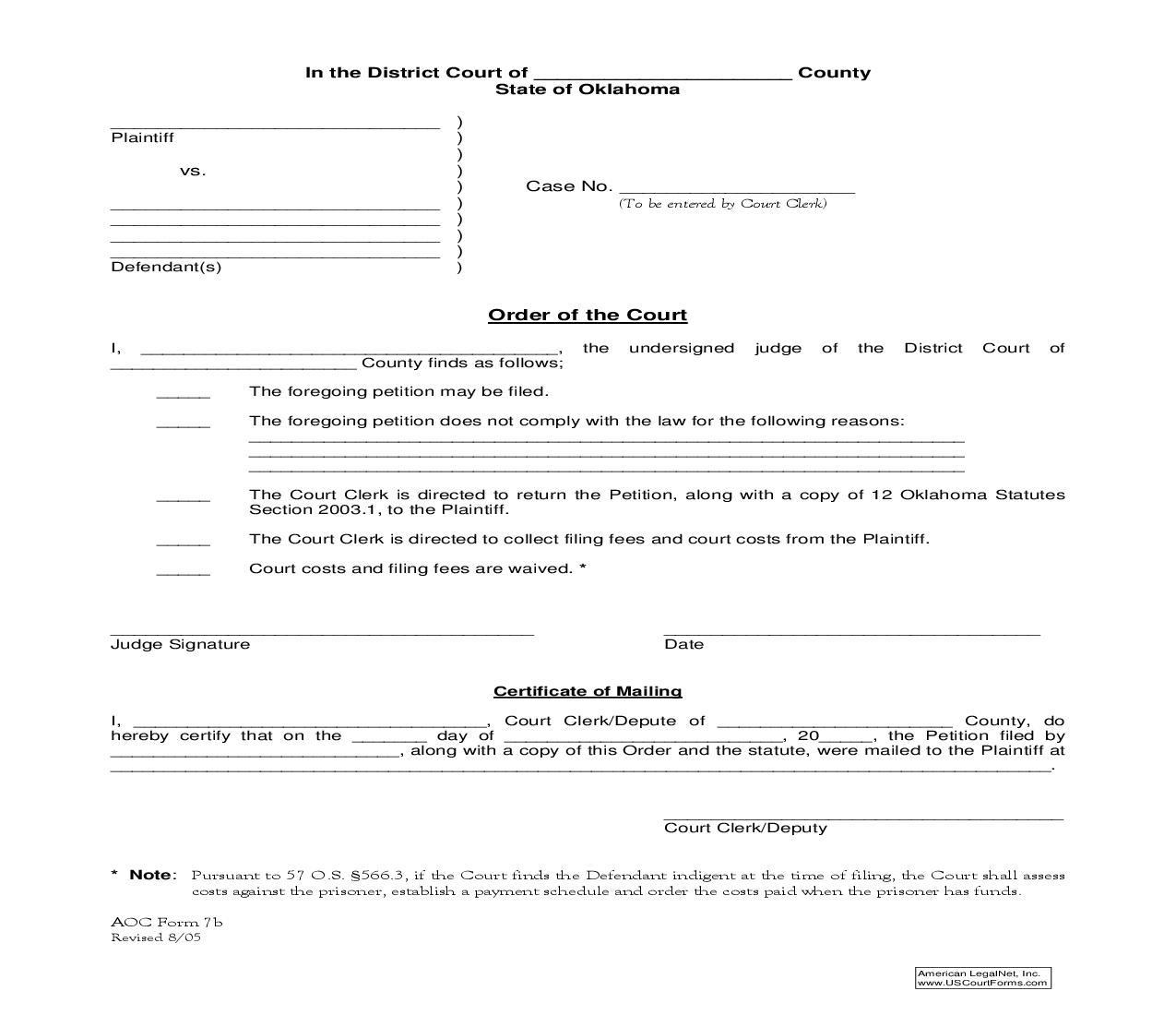 Order Of Court {7B} | Pdf Fpdf Doc Docx | Oklahoma