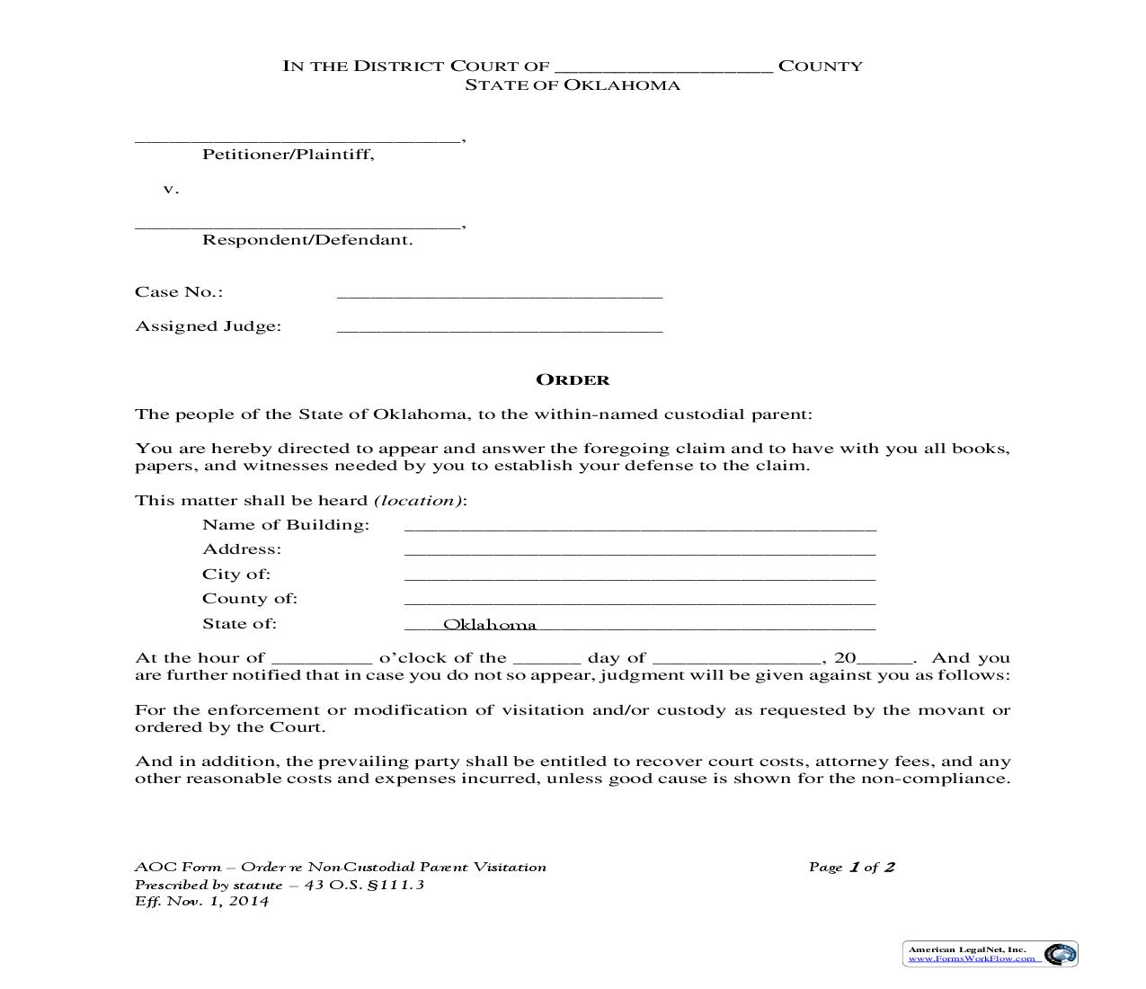 Order for Enforcement of Non-Custodial Parent Visitation Rights | Pdf Fpdf Doc Docx | Oklahoma