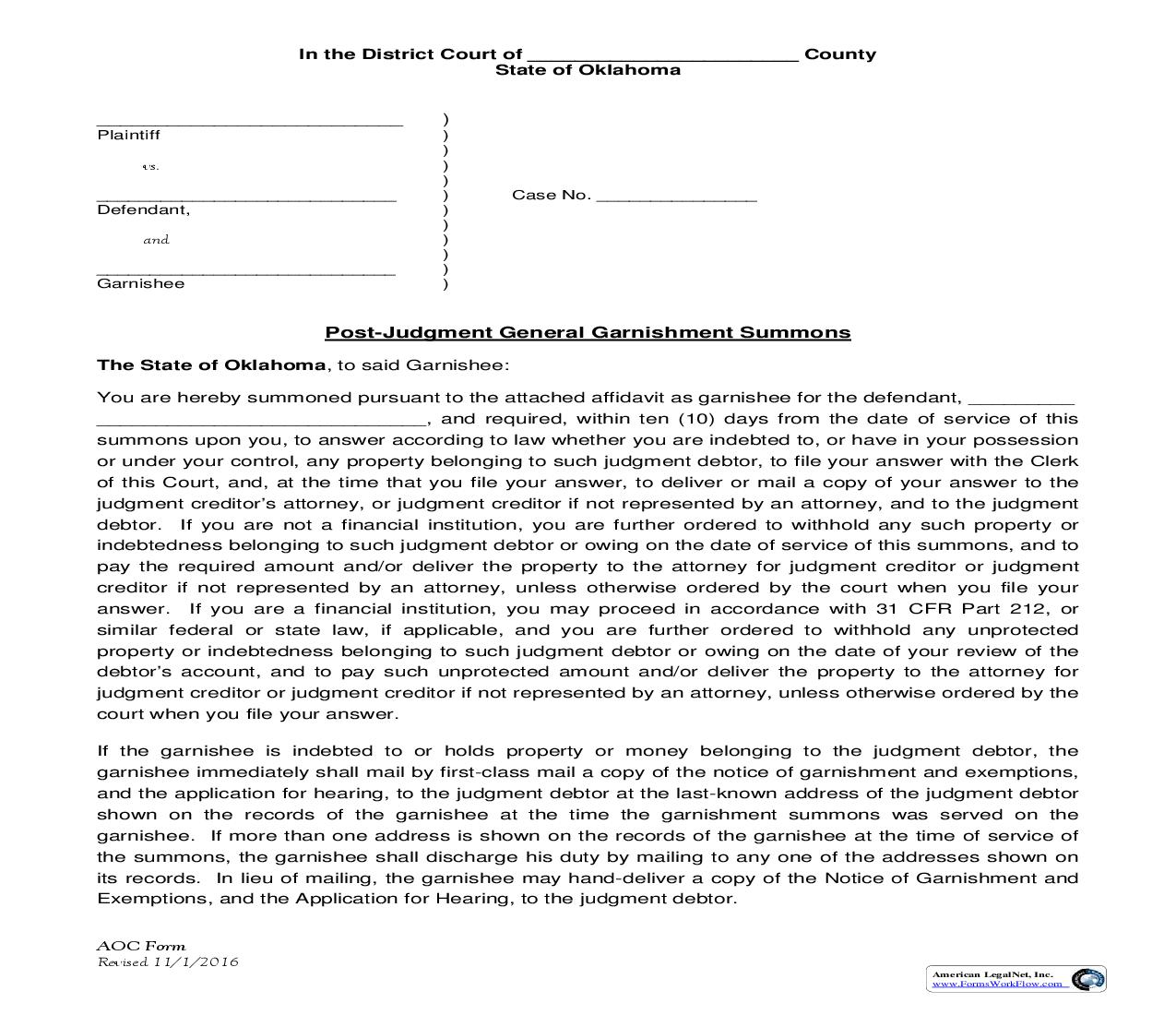 Postjudgment General Garnishment Summons {51A} | Pdf Fpdf Doc Docx | Oklahoma