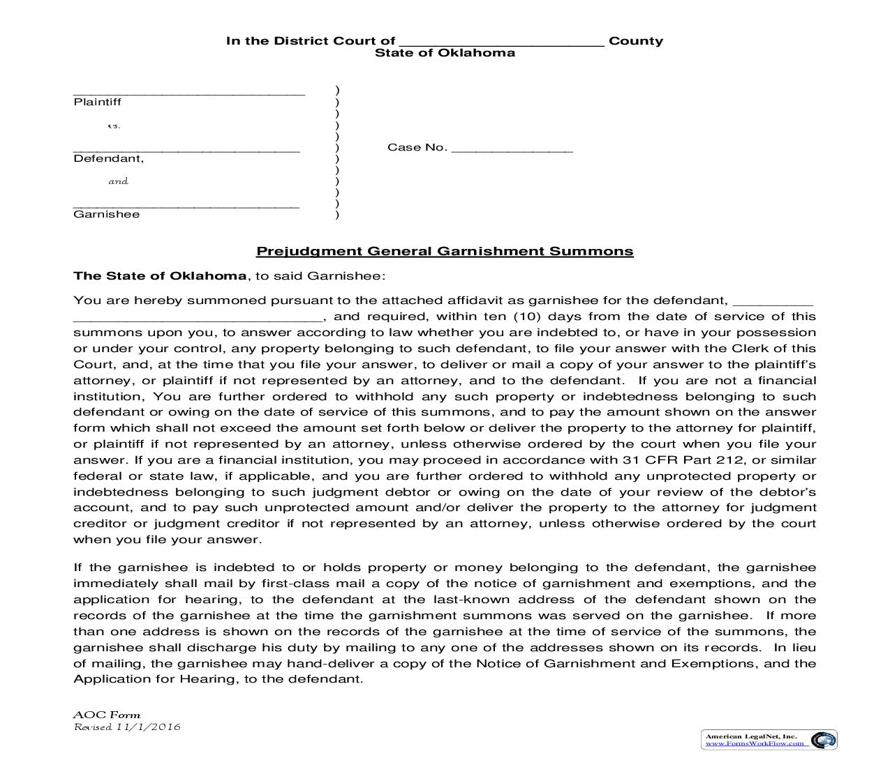 Prejudgment General Garnishment Summons {51} | Pdf Fpdf Doc Docx | Oklahoma