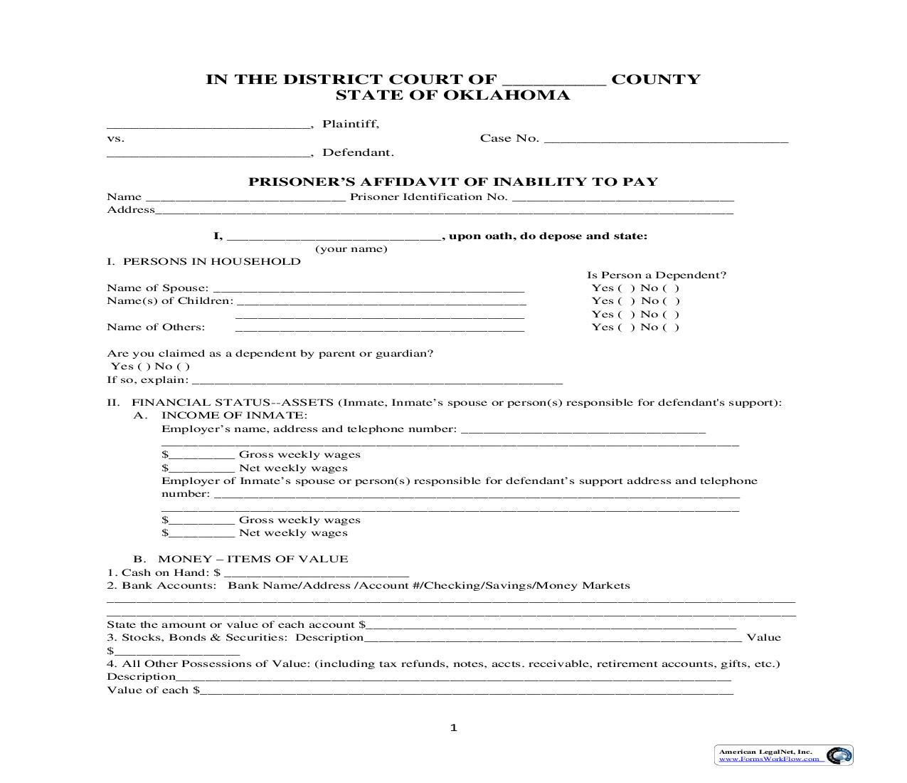 Prisoners Affidavit Of Inability To Pay | Pdf Fpdf Doc Docx | Oklahoma