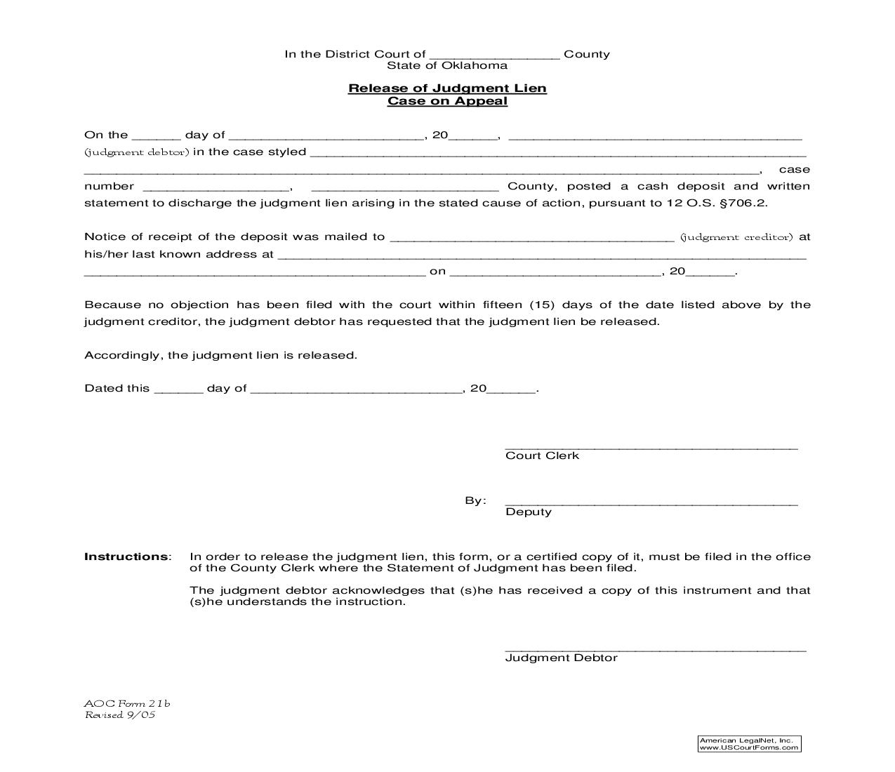 Release Of Judgment Lien Case On Appeal {21B} | Pdf Fpdf Doc Docx | Oklahoma