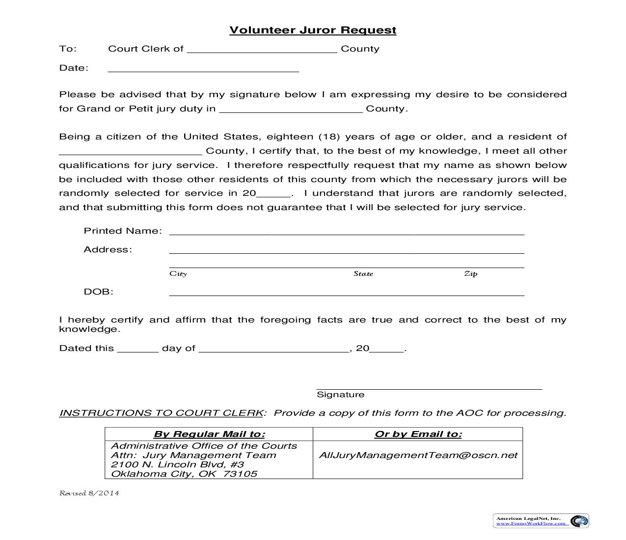 Volunteer Juror Request | Pdf Fpdf Doc Docx | Oklahoma