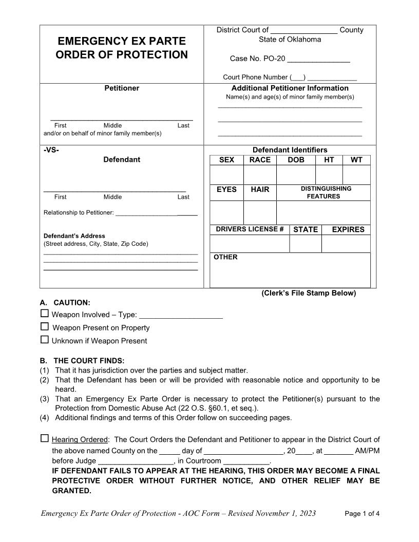 Emergency Order Of Protection | Pdf Fpdf Doc Docx | Oklahoma