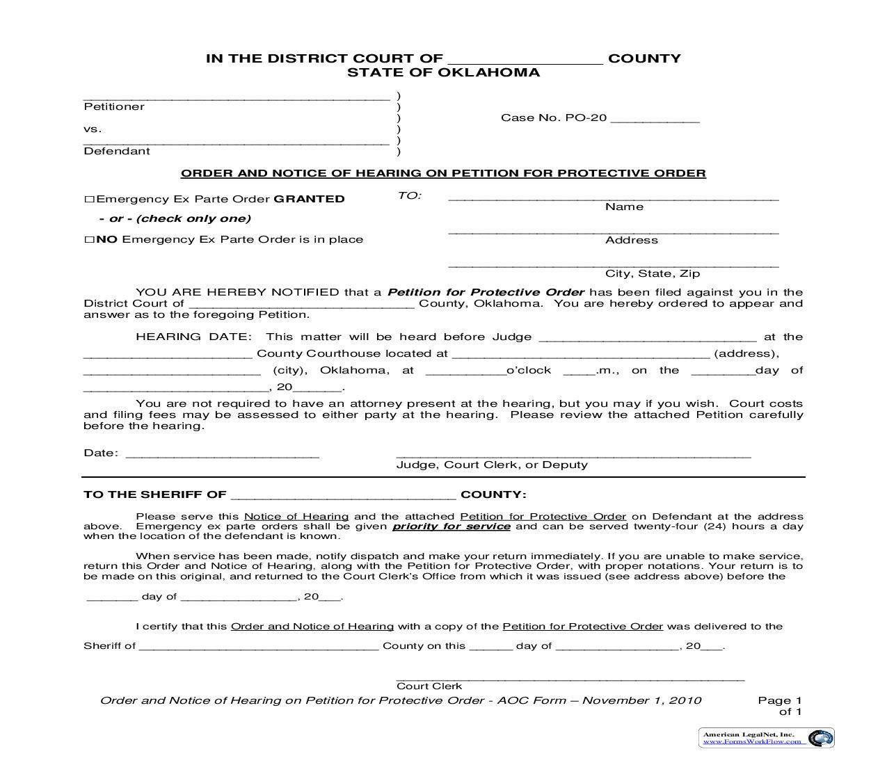 Order And Notice Of Hearing On Petition For Protective Order | Pdf Fpdf Doc Docx | Oklahoma