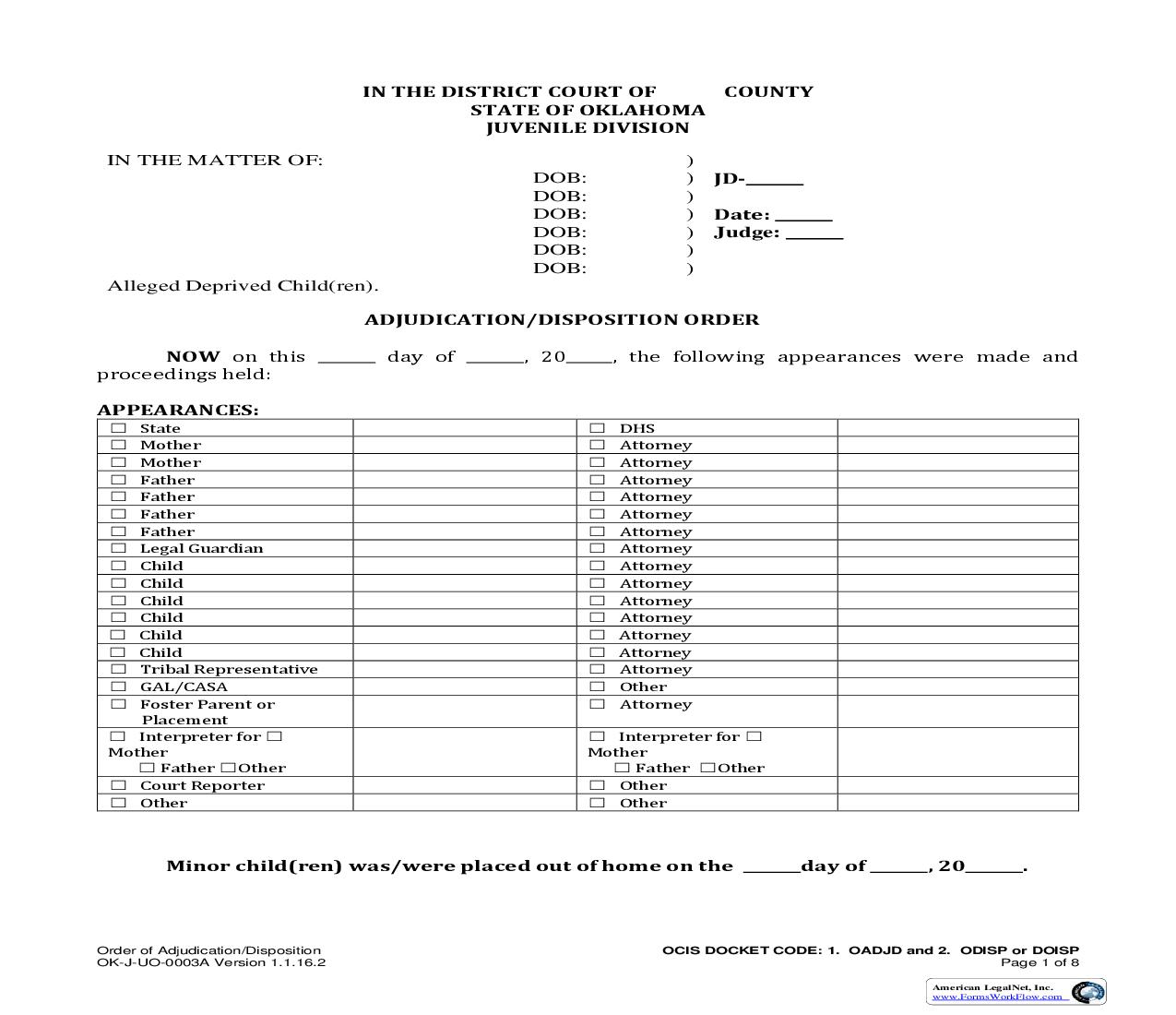 Adjudication - Disposition Order {OK-J-UO-0003A} | Pdf Fpdf Doc Docx | Oklahoma