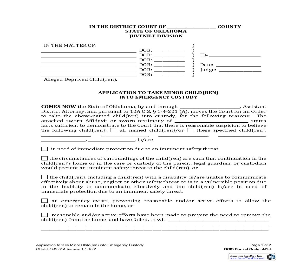 Application To Take Minor Child(ren) Into Emergency Custody {OK-J-UO-0001A} | Pdf Fpdf Doc Docx | Oklahoma