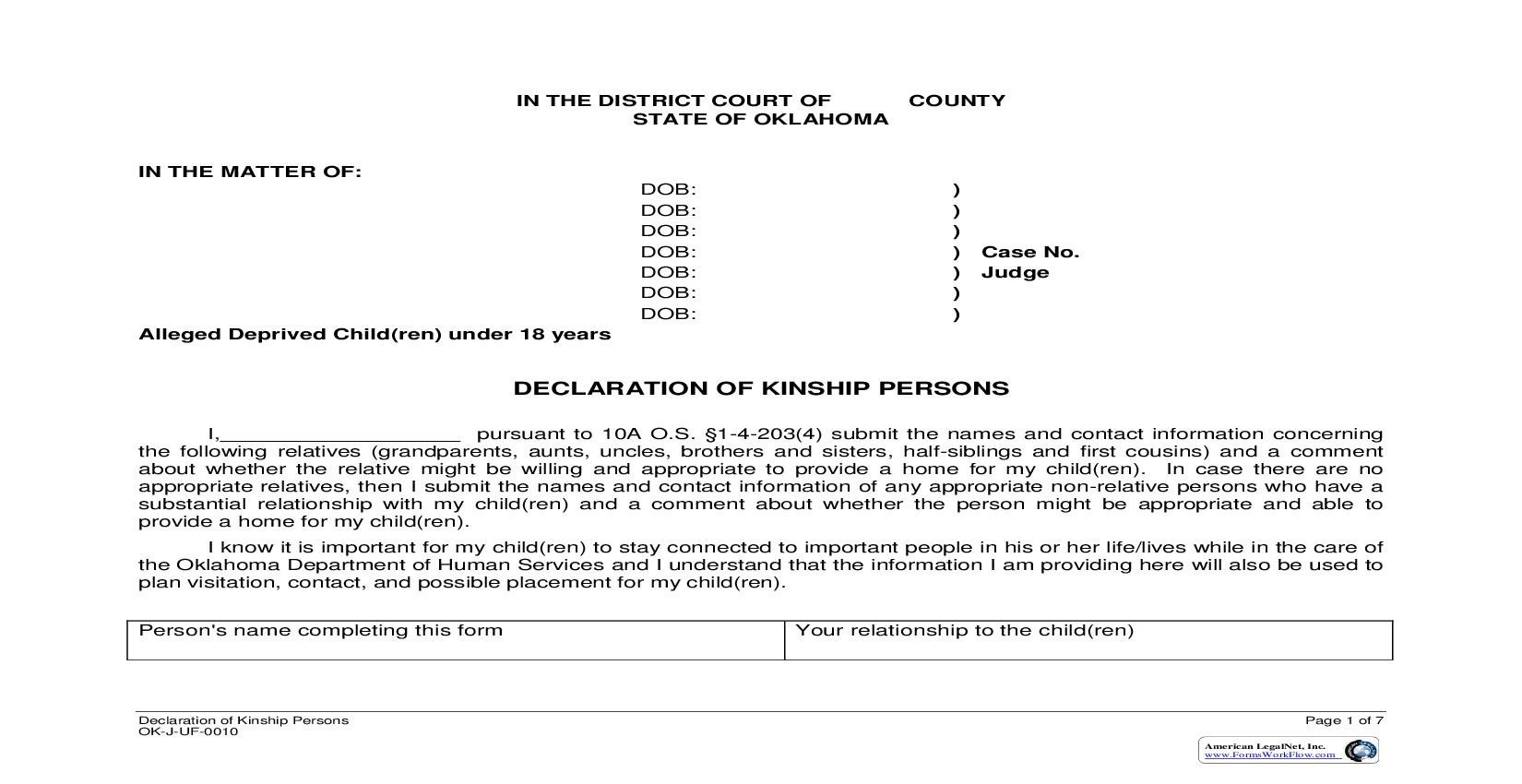 Declaration Of Kinship Persons {OK-J-UF-0010} | Pdf Fpdf Doc Docx | Oklahoma