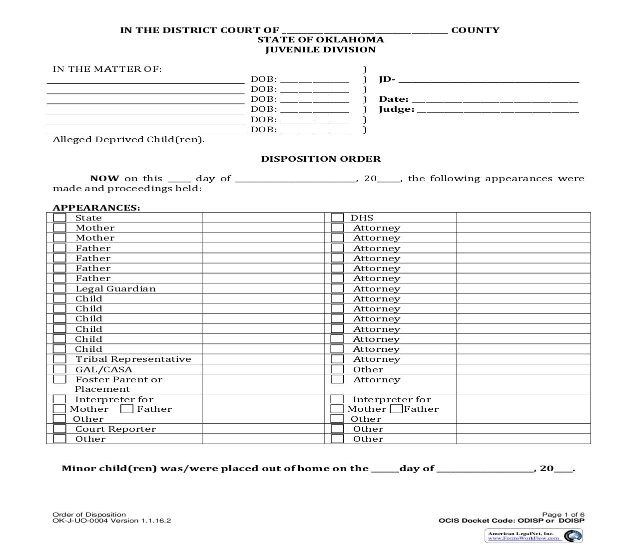 Disposition Order {OK-J-UO-0004} | Pdf Fpdf Doc Docx | Oklahoma