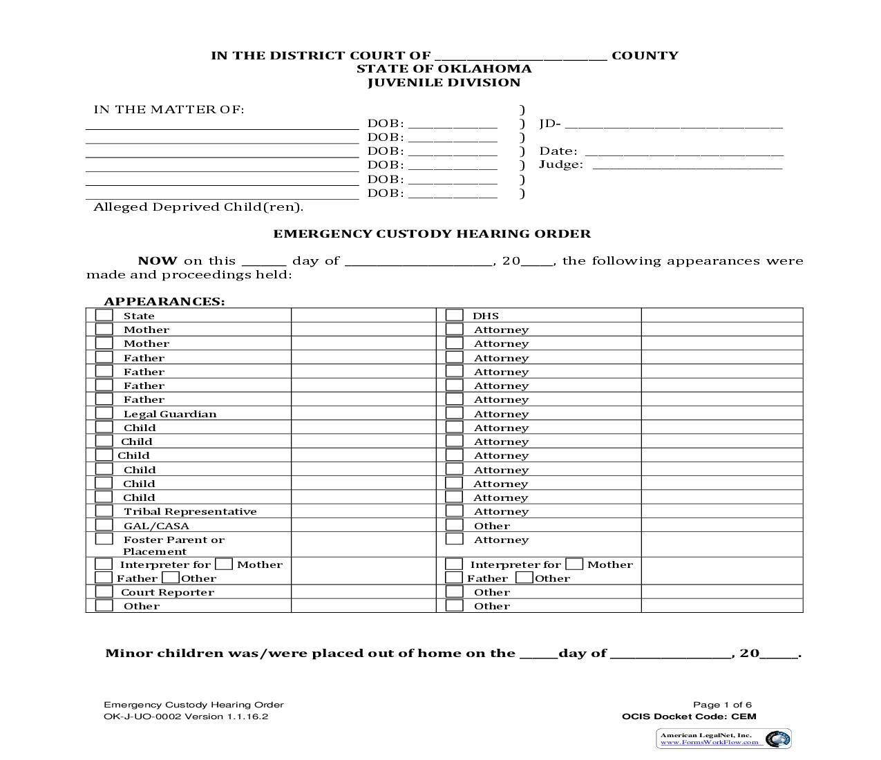 Emergency Custody Hearing Order {OK-J-UO-0002} | Pdf Fpdf Doc Docx | Oklahoma