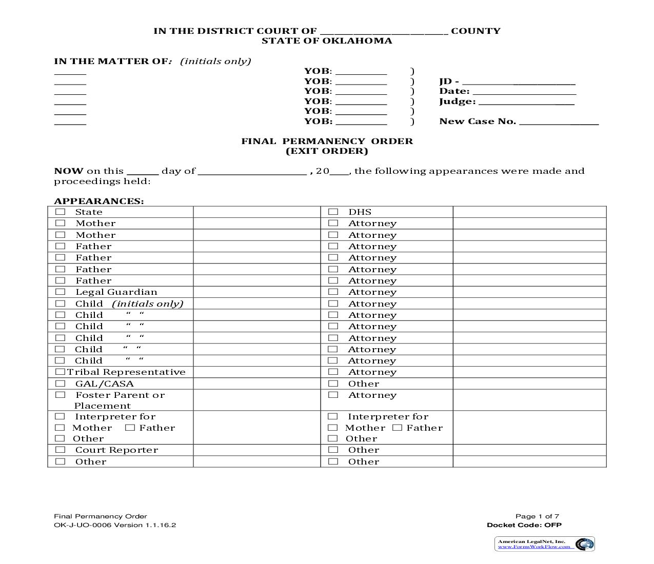 Final Permanency Order (Exit Order) {OK-J-UO-0006} | Pdf Fpdf Doc Docx | Oklahoma