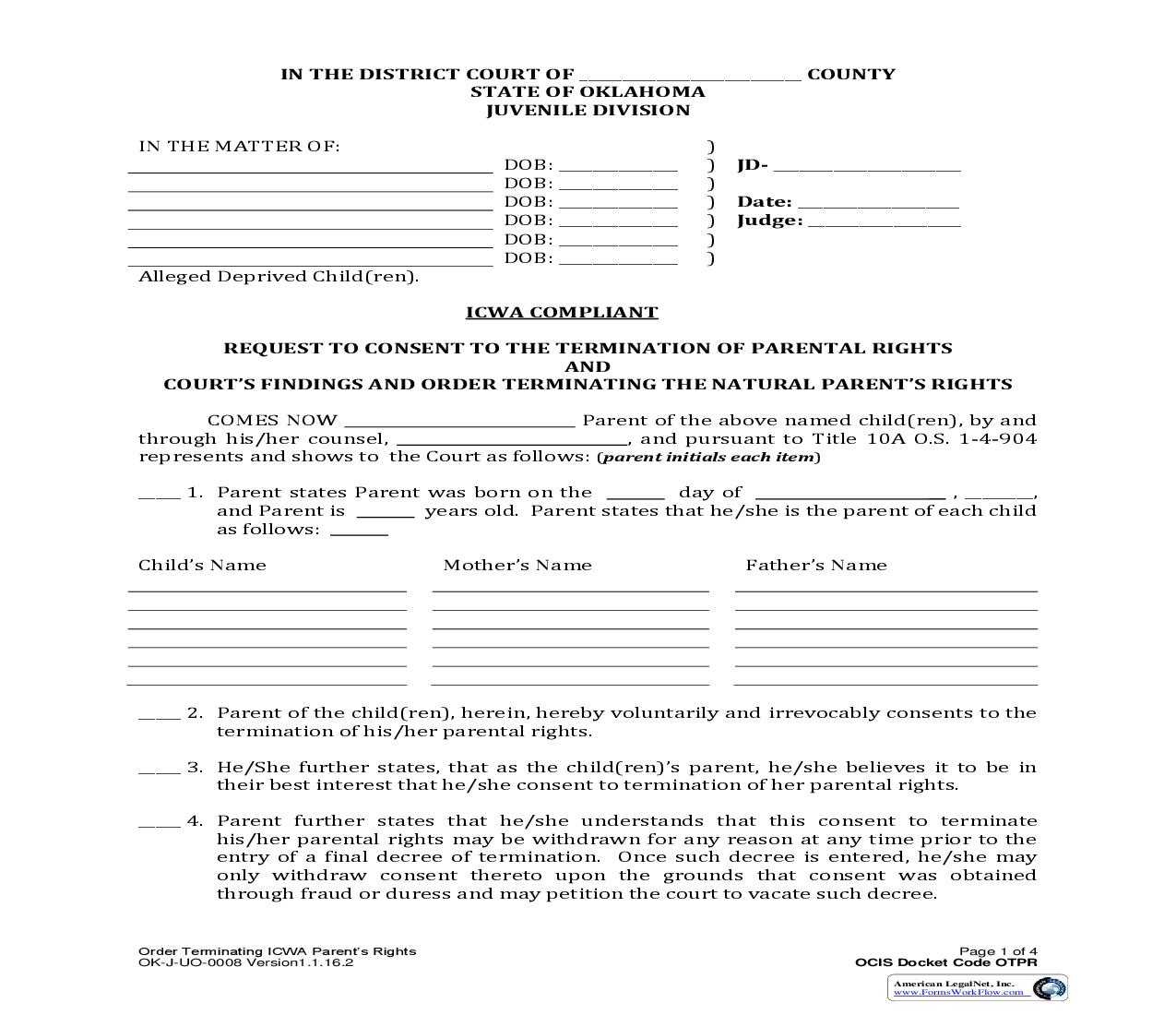 ICWA Compliant {OK-J-UO-0008} | Pdf Fpdf Doc Docx | Oklahoma