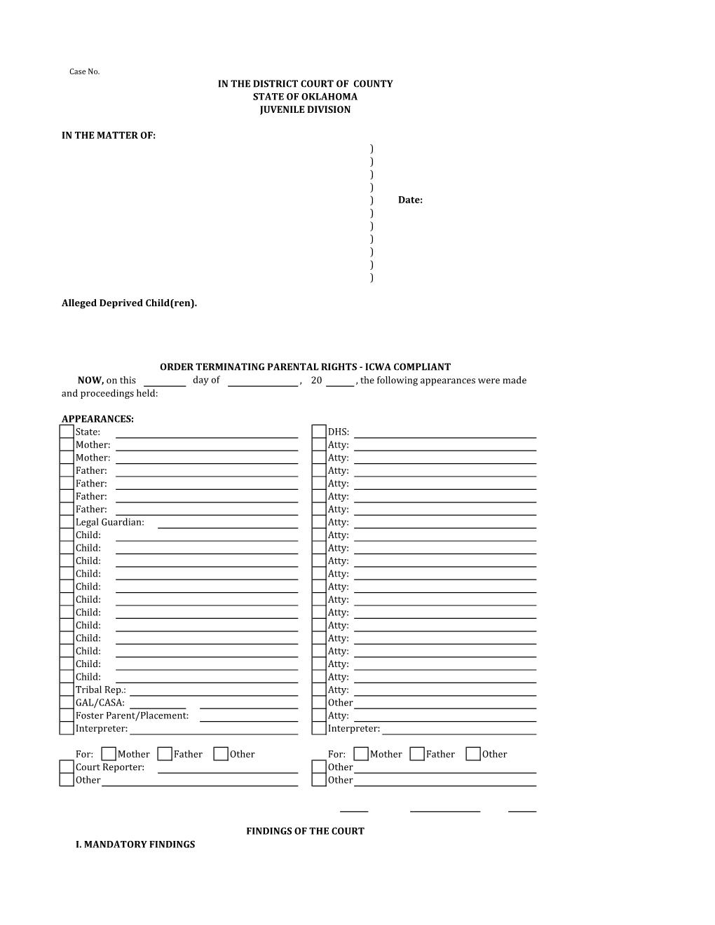 Order Terminating Parental Rights ICWA Compliant {OK-J-UO-0012} | Pdf Fpdf Docx | Oklahoma