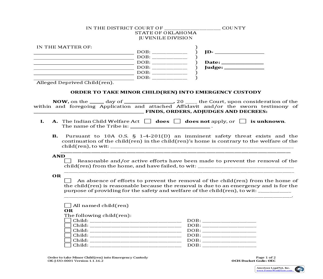 Order To Take Minor Child(ren) Into Emergency Custody {OK-J-UO-0001} | Pdf Fpdf Doc Docx | Oklahoma