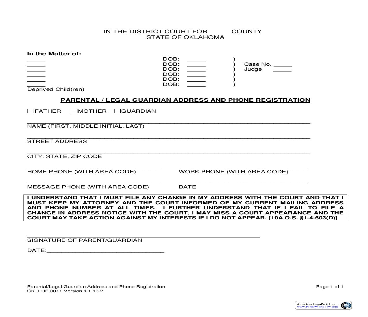 Parent Legal Guardian Address And Phone Registration {OK-J-UF-0011} | Pdf Fpdf Doc Docx | Oklahoma
