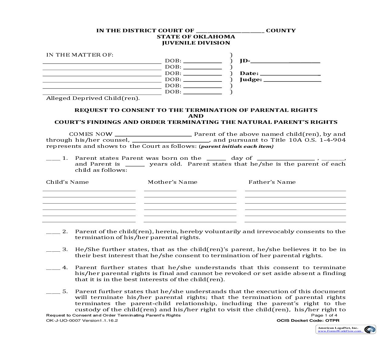 Request To Consent To Termination Of Parental Rights And Courts Findings {OK-J-UO-0007} | Pdf Fpdf Doc Docx | Oklahoma