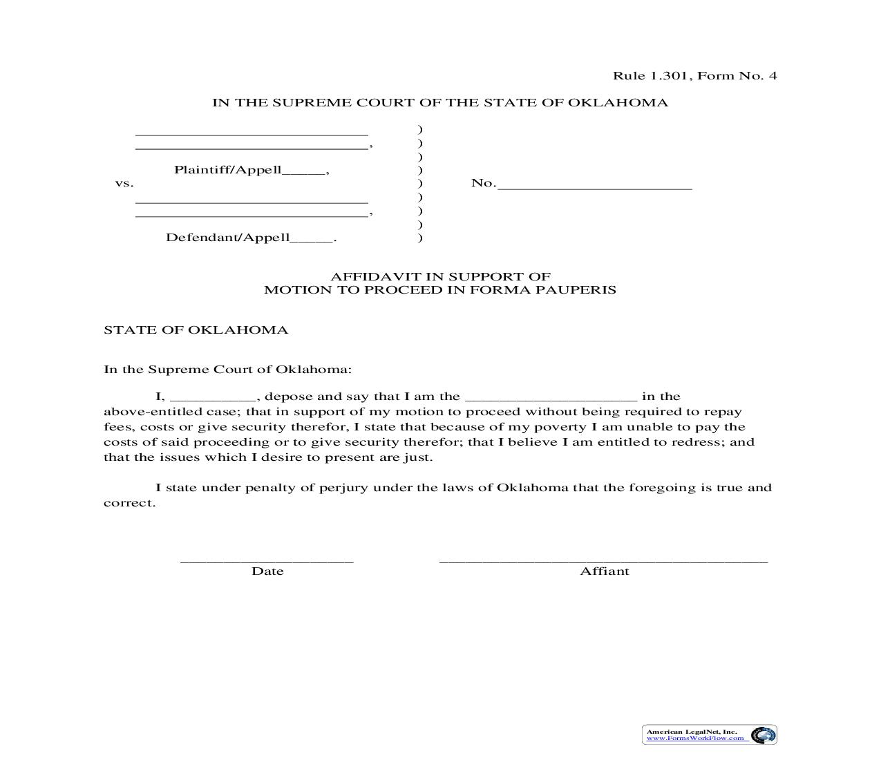Affidavit In Support Of Motion To Proceed In Forma Pauperis {4} | Pdf Fpdf Doc Docx | Oklahoma