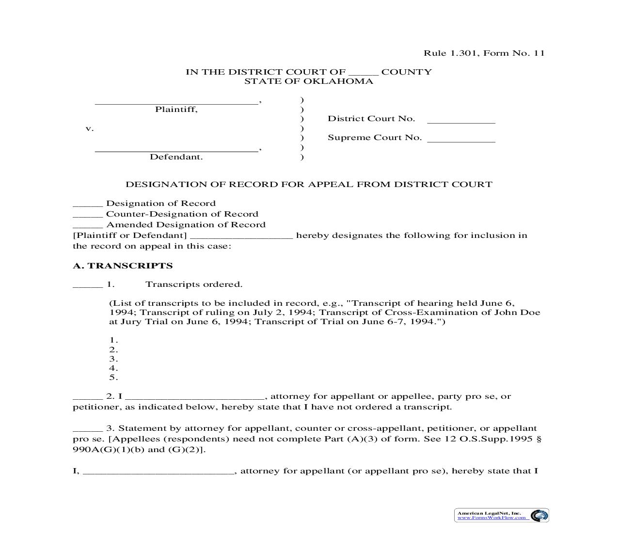 Designation Of Record For Appeal From District Court {11} | Pdf Fpdf Doc Docx | Oklahoma