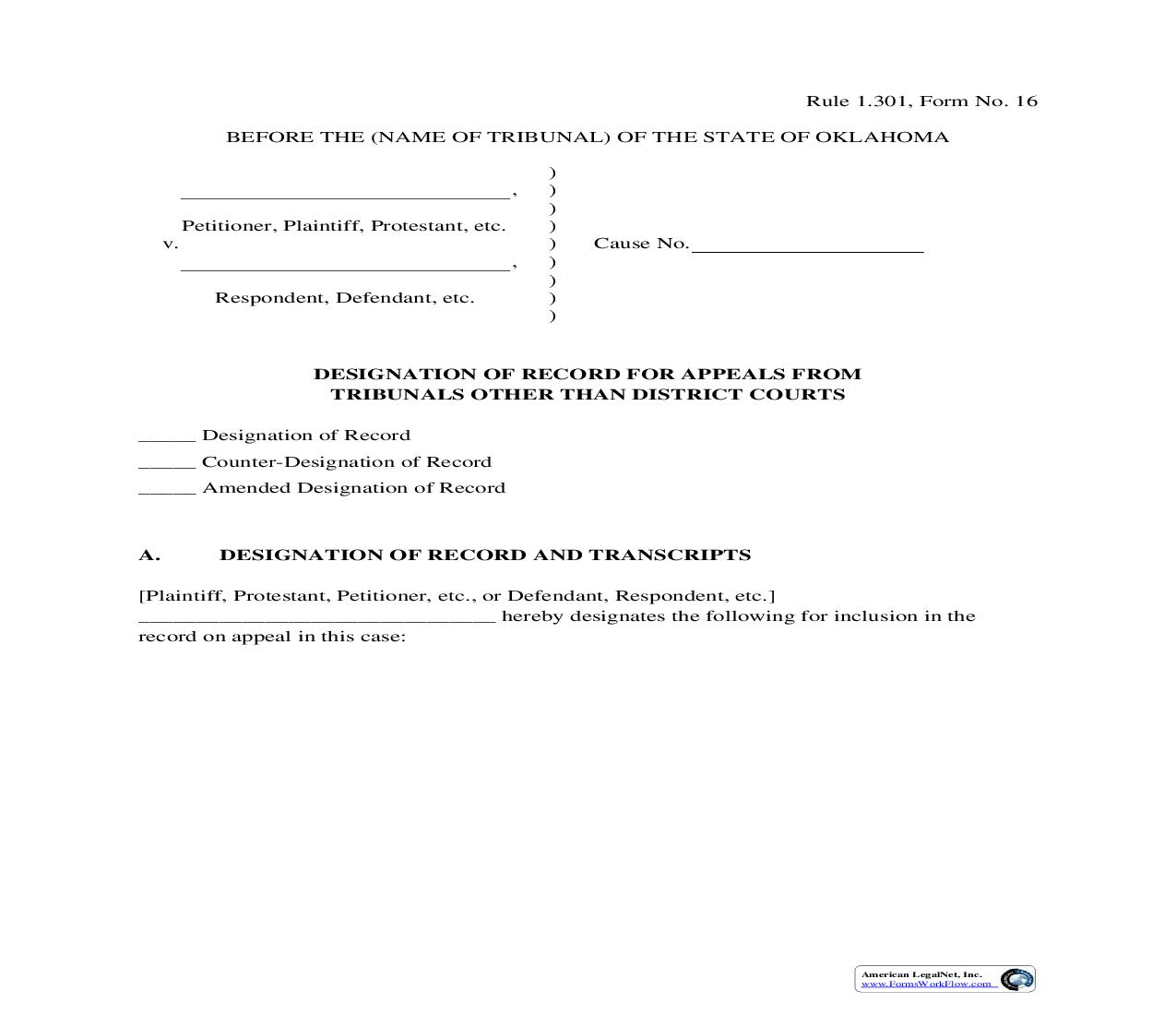 Designation Of Record For Appeals From Tribunal Other Than District Courts {16} | Pdf Fpdf Doc Docx | Oklahoma