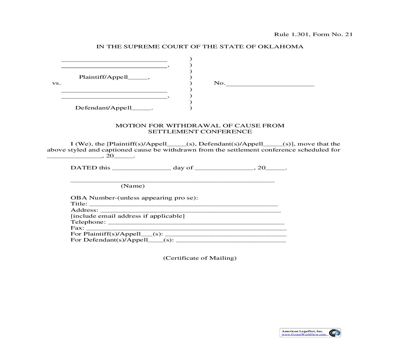 Motion For Withdrawal Of Cause From Settlement Conference {21} | Pdf Fpdf Doc Docx | Oklahoma