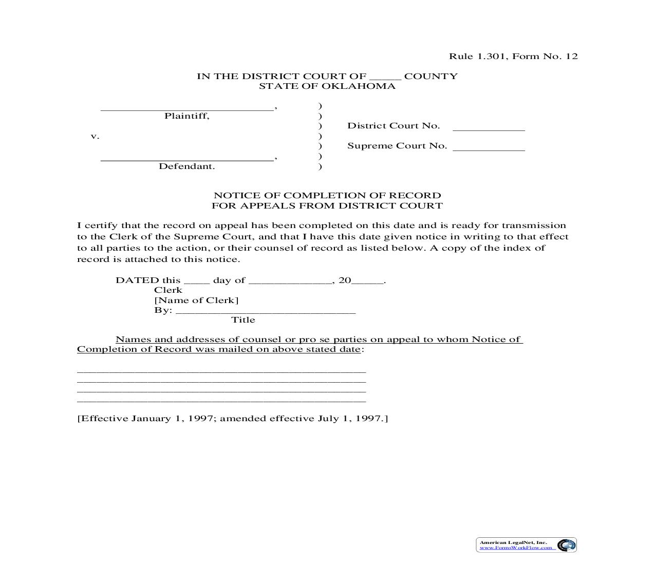 Notice Of Completion Of Record For Appeals From District Court {12} | Pdf Fpdf Doc Docx | Oklahoma