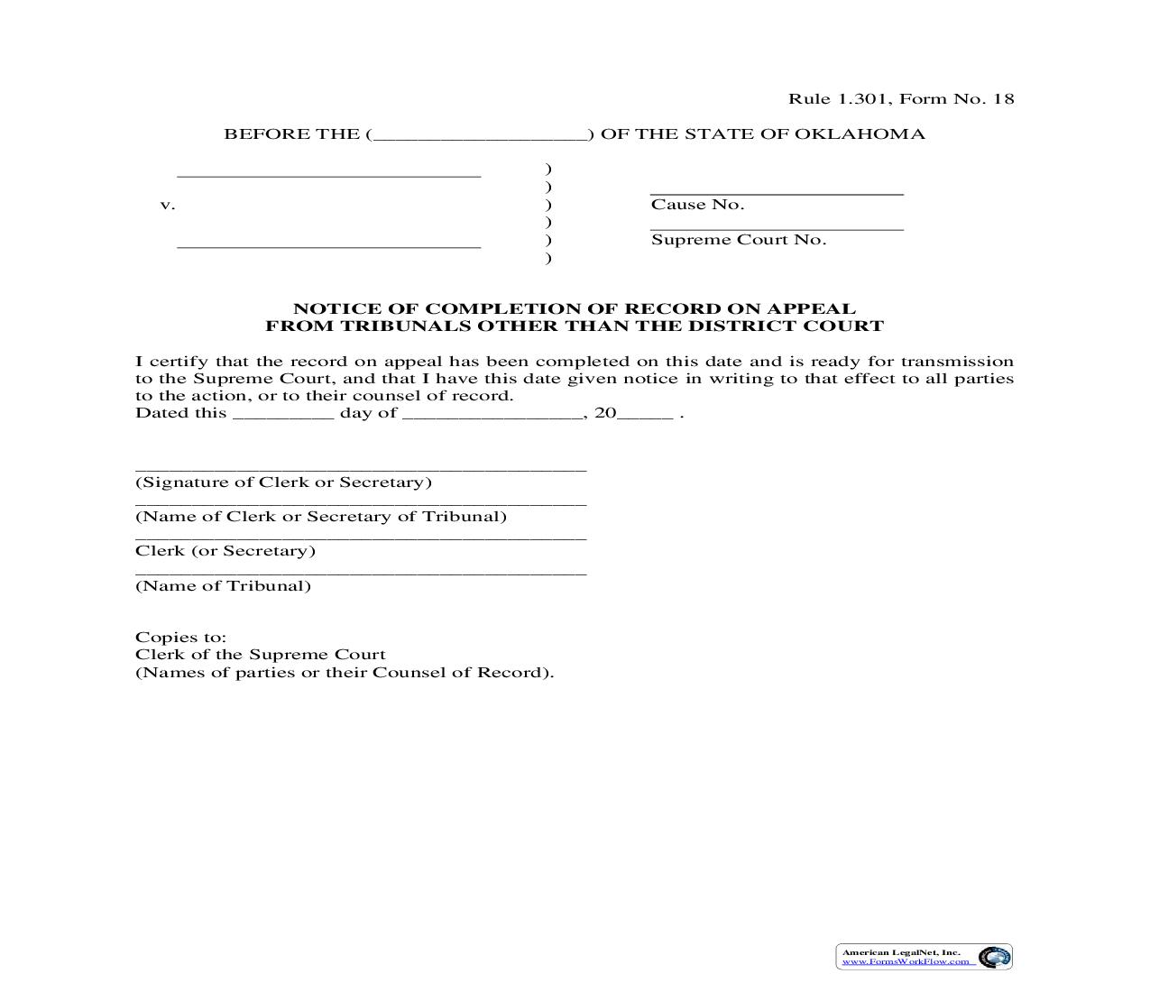 Notice Of Completion Of Record On Appeal From Tribunals Other Than The District Court {18} | Pdf Fpdf Doc Docx | Oklahoma