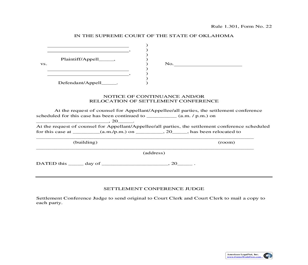 Notice Of Continuance And Or Relocation Of Settlement Conference {22} | Pdf Fpdf Doc Docx | Oklahoma