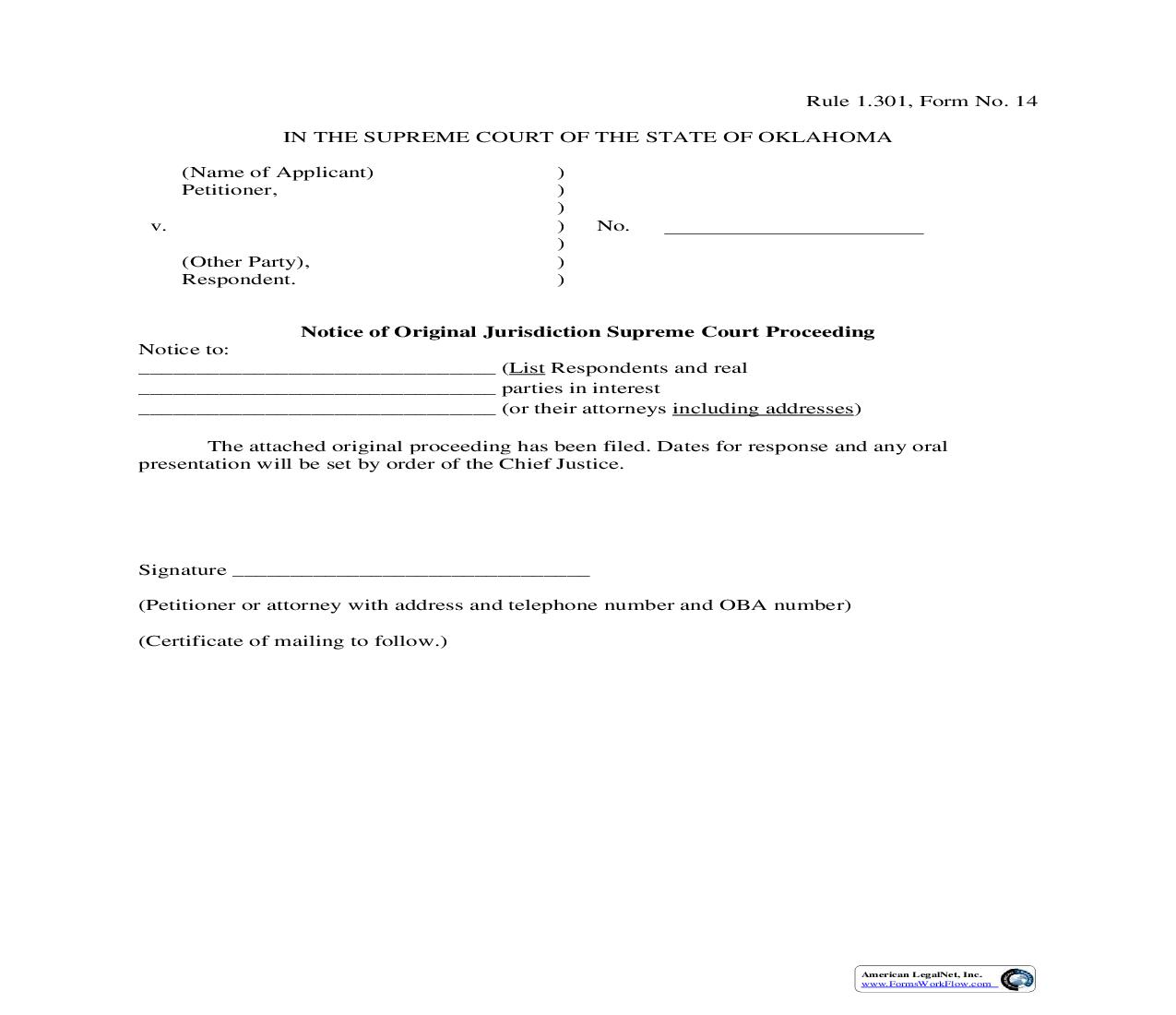 Notice Of Original Jurisdiction Supreme Court Proceedings {14} | Pdf Fpdf Doc Docx | Oklahoma