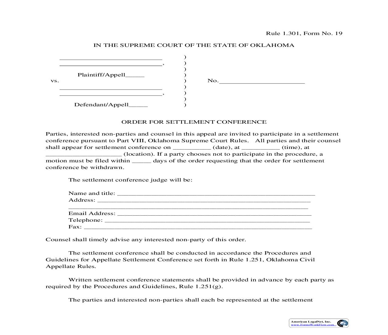 Order For Settlement Conference {19} | Pdf Fpdf Doc Docx | Oklahoma