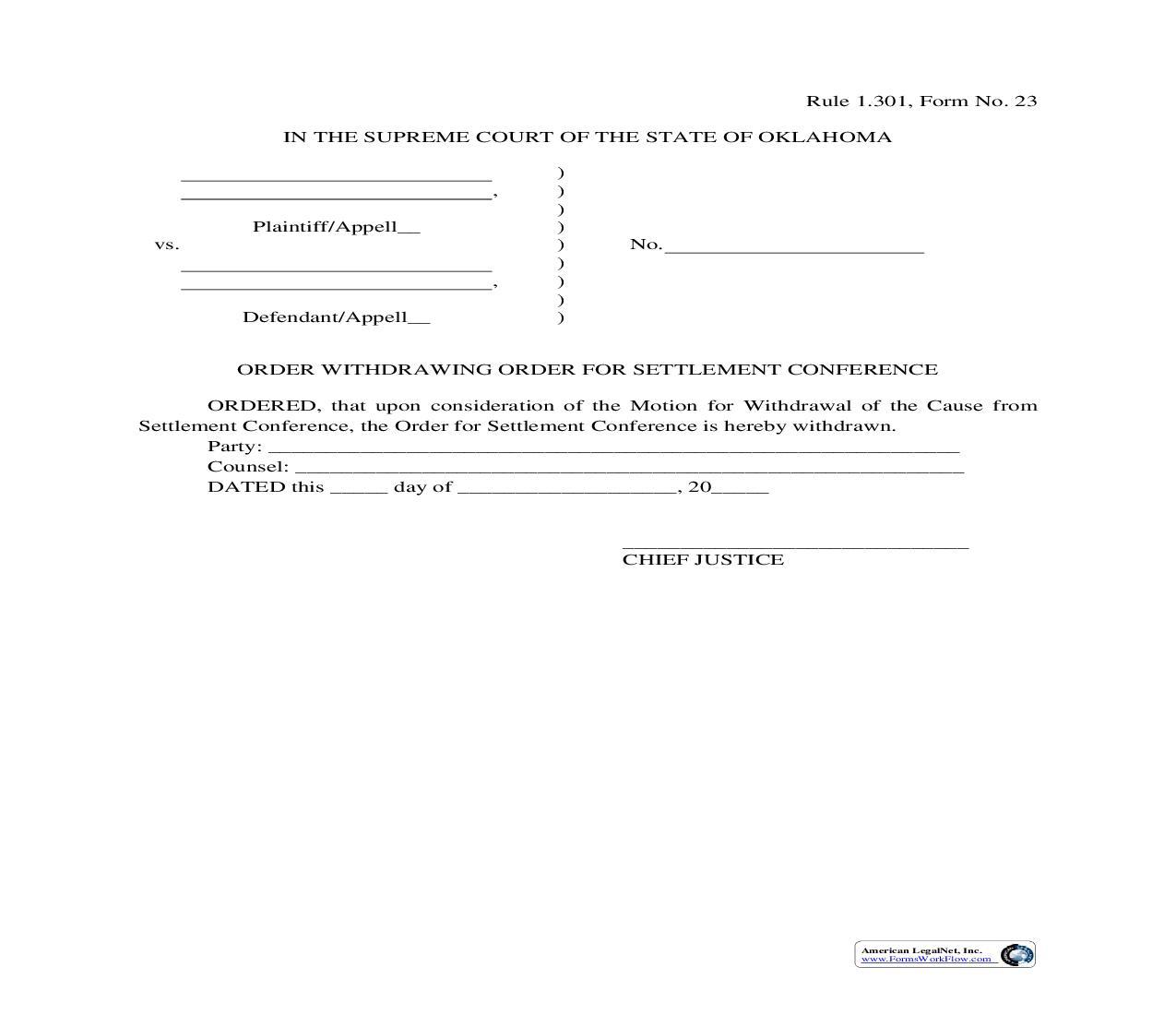 Order Withdrawing Order For Settlement Conference {23} | Pdf Fpdf Doc Docx | Oklahoma