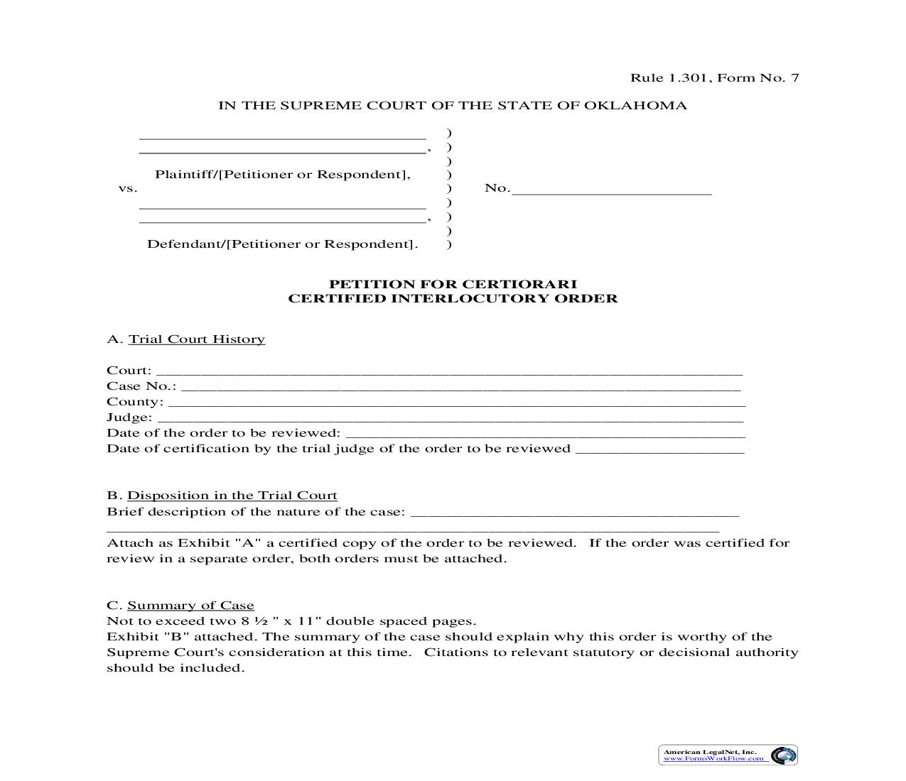 Petition For Certiorari Certified Interlocutory Order {7} | Pdf Fpdf Doc Docx | Oklahoma