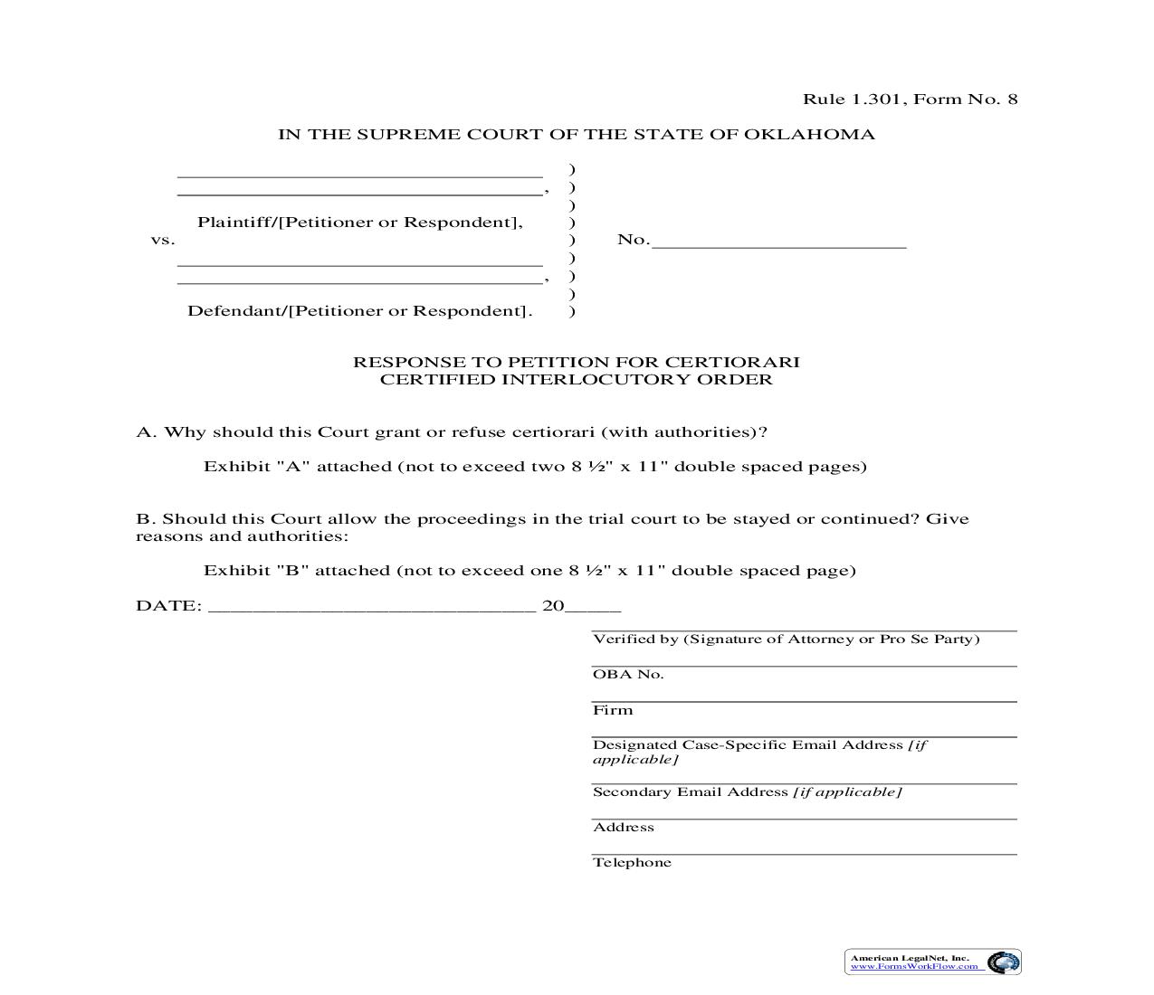 Response To Petition For Certiorari Certified Interlocutory Order {8} | Pdf Fpdf Doc Docx | Oklahoma