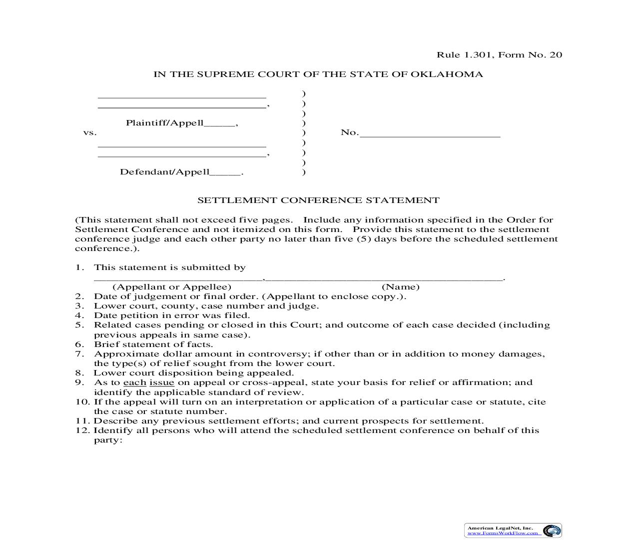 Settlement Conference Statement {20} | Pdf Fpdf Doc Docx | Oklahoma