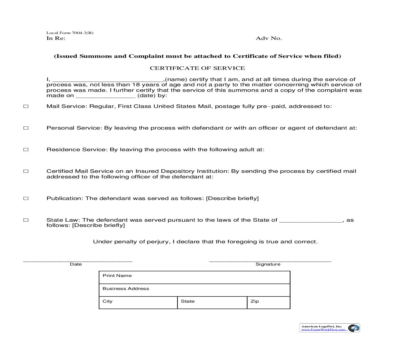 Certificate Of Service For Summons {7004-2(B)} | Pdf Fpdf Doc Docx | Oklahoma