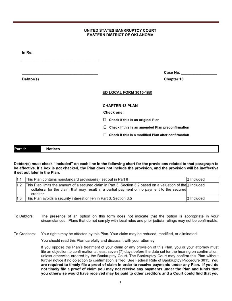 Chapter 13 Plan {3015-1(B)} | Pdf Fpdf Doc Docx | Oklahoma