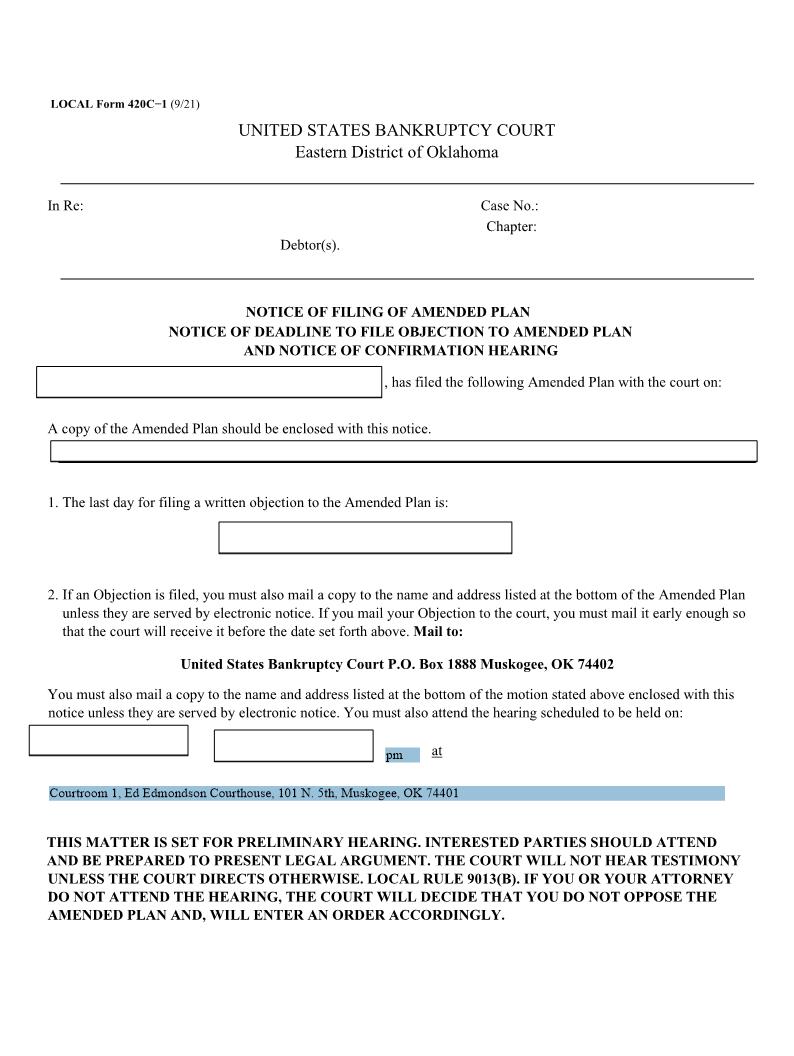 Notice Of Filing Of Amended Plan Notice Of Confirmation Hearing {LF 420C-1} | Pdf Fpdf Docx | Oklahoma