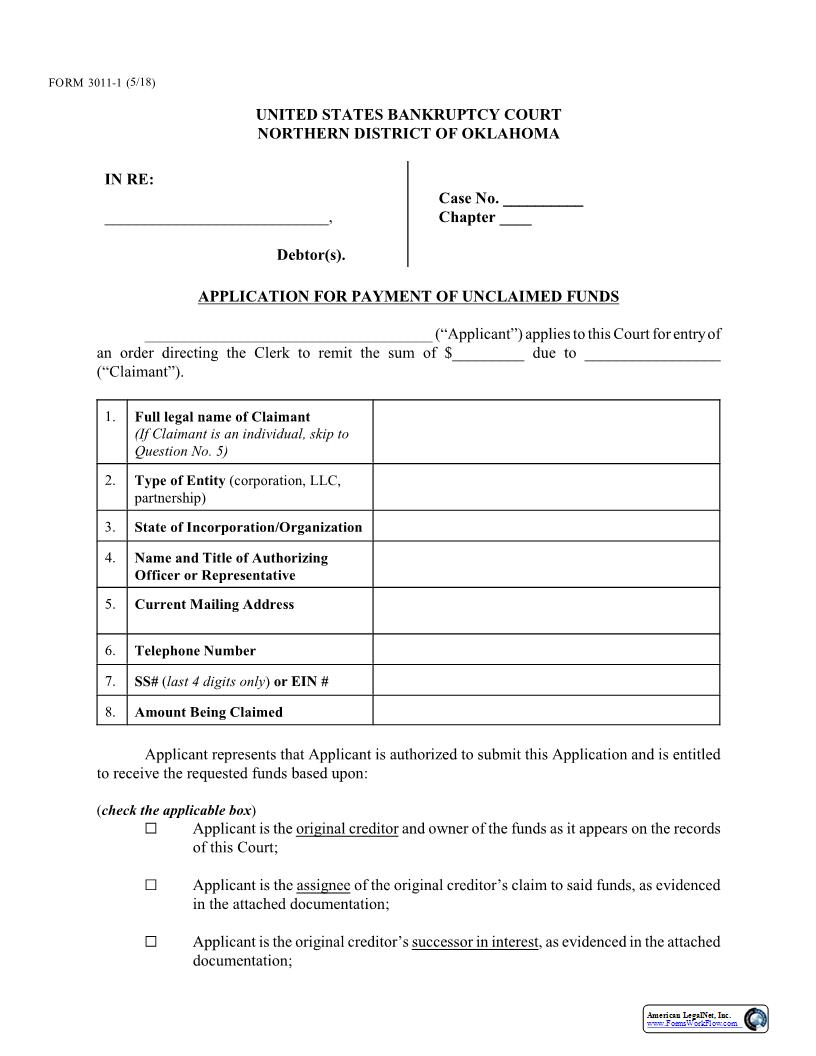 Application For Payment Of Unclaimed Funds {3011-1} | Pdf Fpdf Docx | Oklahoma