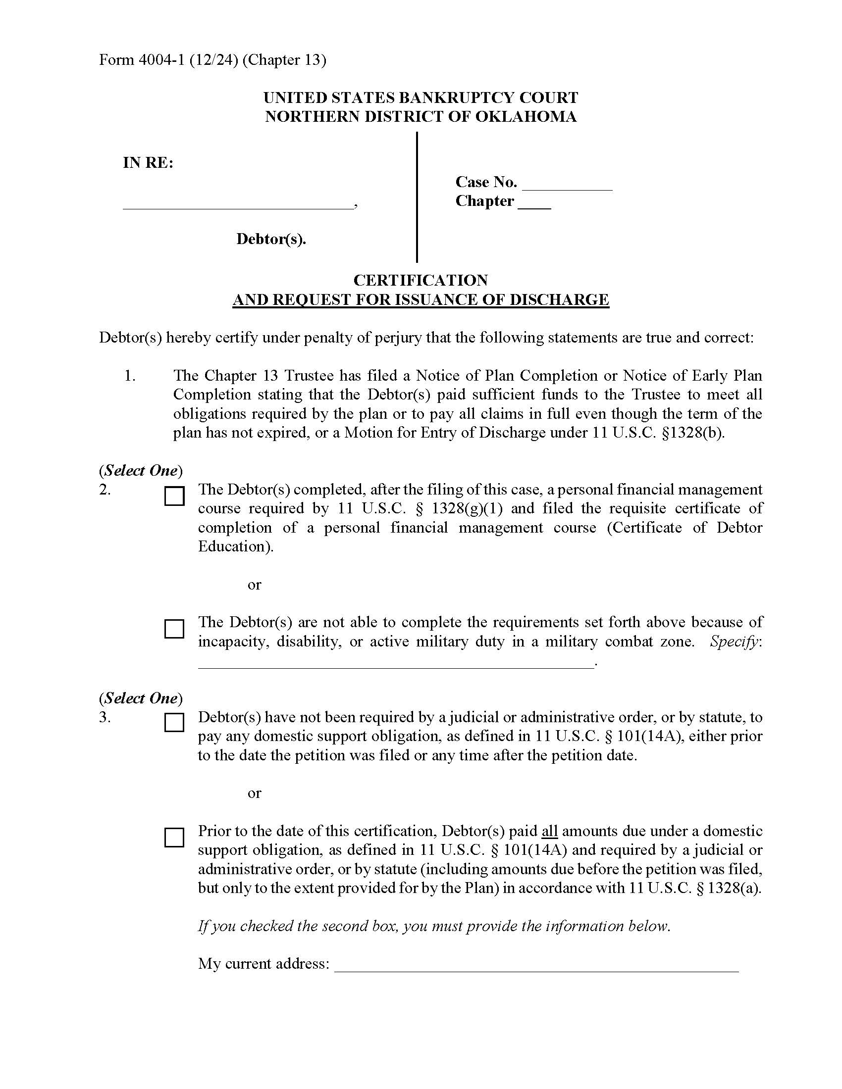 Certification And Request For Issuance Of Discharge {4004-1} | Pdf Fpdf Docx | Oklahoma